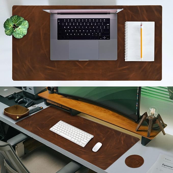 Elizo Real Leather Desk Mat Set (32x16) Large Desk Cover Desk Blotter Protector Computer Gaming Mouse Pad Table Laptop Office Desktop Accessories