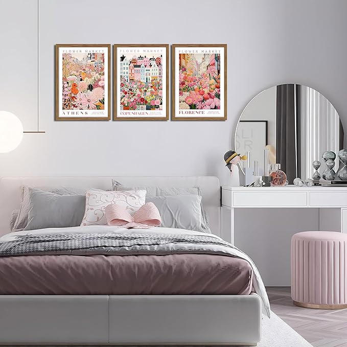 Floral Wall Art Set of 3, Colorful Flower Market Canvas Wall Decor Paintings, Pink Wildflower Botanical Posters Prints Pictures Artwork for Bedroom Living Room 16x24 Inch Wood Framed