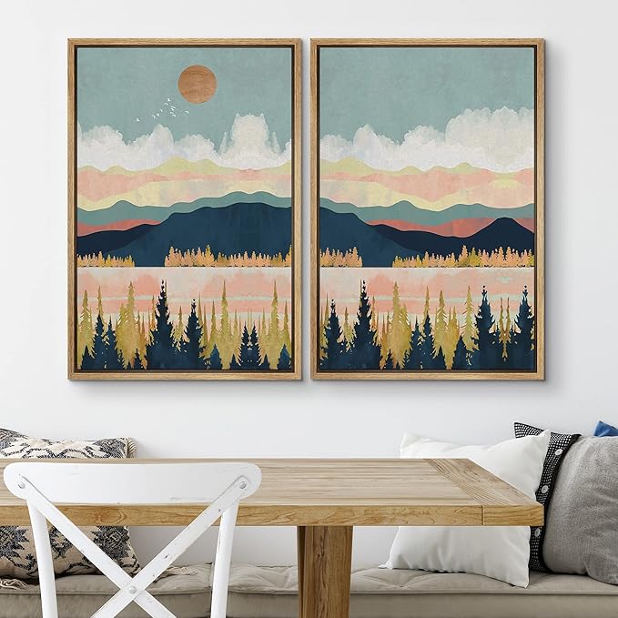 SIGNWIN Framed Canvas Print Wall Art Set Pastel Pink Blue Geometric Mountain Landscape Nature Wilderness Illustrations Modern Art Scenic Colorful for Living Room, Bedroom, Office - 24"x36"x2 Natural