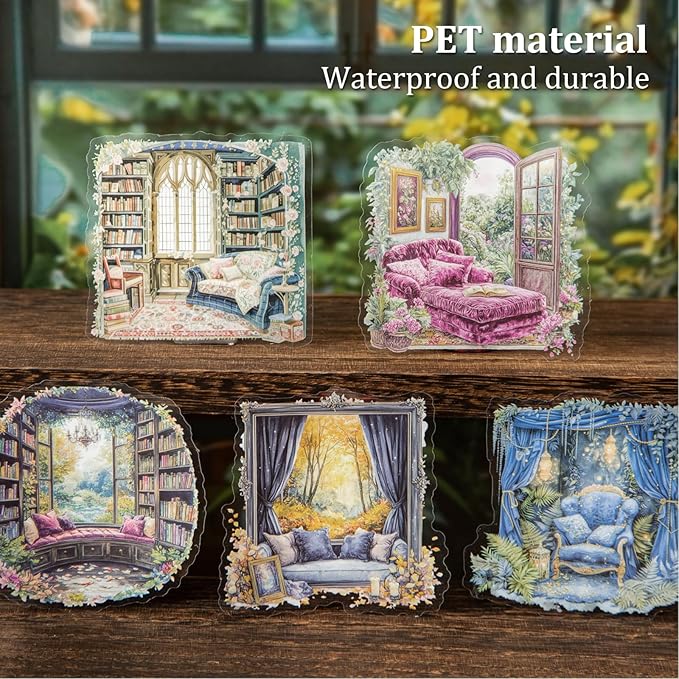 Window Reading Corner PET Sticker Set, 60PCS Cozy Room Scene Stickers for Scrapbooking, Journaling, DIY Crafts and Gift Decoration