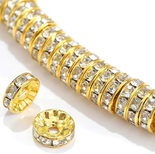 100Pcs Rondelle Spacer Beads Round Crystal Charms Czech Rhinestone Silver Plated Spacer Loose Beads for DIY Bracelet Necklace Jewelry Making Supplies (10MM, Gold White)