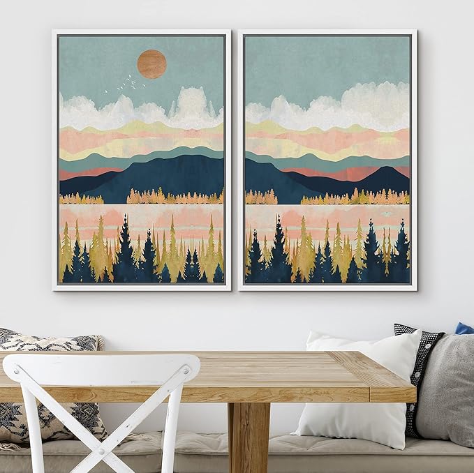 SIGNWIN Framed Canvas Print Wall Art Set Pastel Pink Blue Geometric Mountain Landscape Nature Wilderness Illustrations Modern Art Scenic Colorful for Living Room, Bedroom, Office - 16"x24"x2 White
