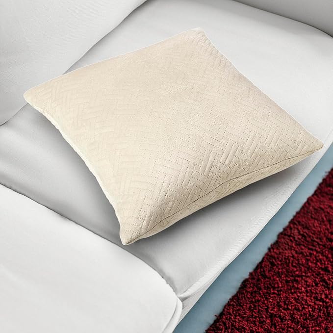 Encasa XO Throw Pillow Covers 24"x24" (Set of 2) | Solid Color Quilted Velvet Sofa Cushion Covers | No Insert | Both Side Quilted Fabric | Cream | Decorative Pillow Covers for Home