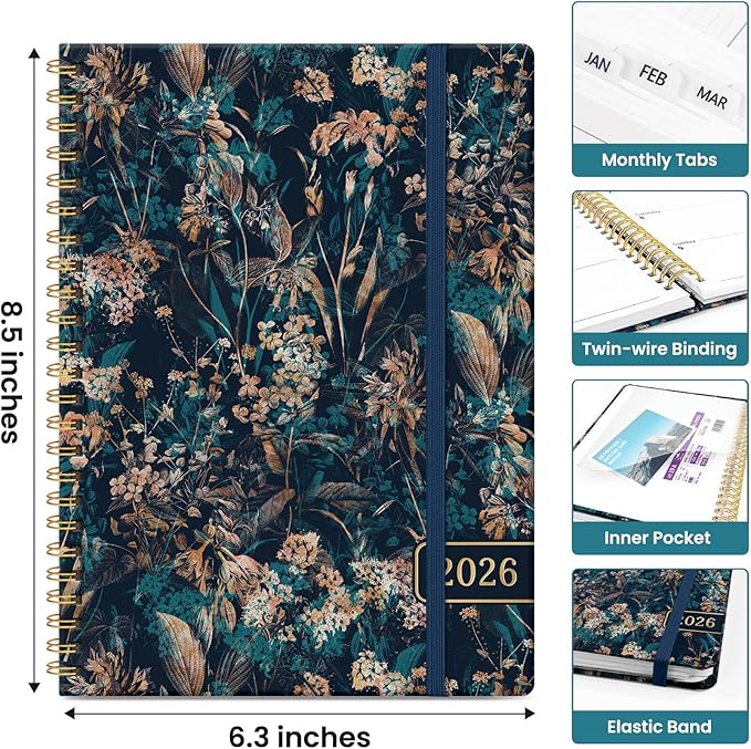2026 Planner, Monthly and Weekly Calendar Planner for Women, Jan 2026 - Dec 2026, Hardcover Pretty 2026 Agenda Planner Book with Tabs, Spiral Bound, Perfect for School Office Home Supplies, 6.3" x 8.5" - Royal Flowers