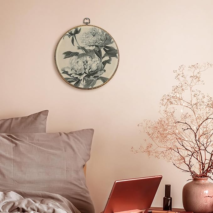 FUGWN Vintage Peony Floral Round Wall Art Decor Framed, Cottagecore Peony Flower Canvas Artwork Prints, Retro Classic Floral Wall Hanging Decorations for Home Bedroom Living Room, 10x10 Inch