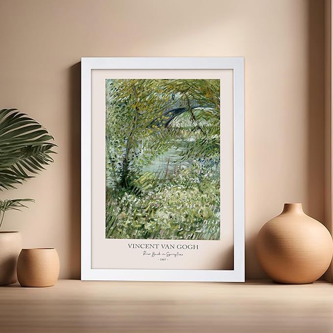 Monem Art Vintage Van Gogh Poster - Retro Impressionist Print - River Bank in Springtime, Flowers, Landscape - Gift for Artist, Friend - Wall Decor for Home, Office, 16x20 White Framed