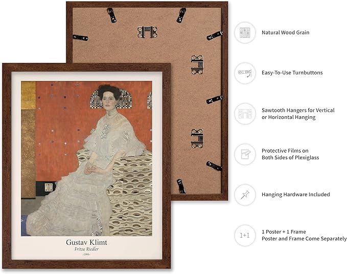 Poster Master Vintage Gustav Klimt Poster - Retro Fritza Riedler Print - Art Nouveau - Portrait Art - Symbolism Art - Aesthetic Art - Classic Painting - Living Room Decor - 16x20 Brown Framed