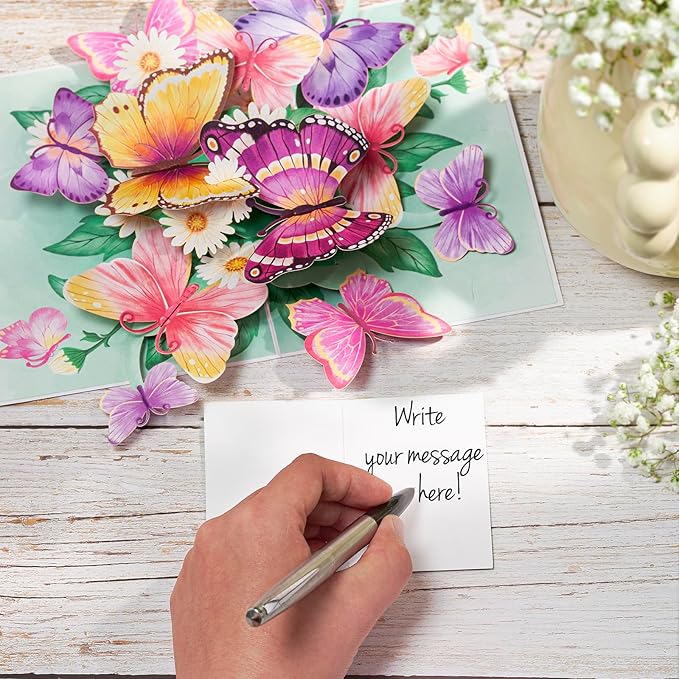 Butterfly Pop Up Card, Colorful Butterflies with Flowers, 3D Greeting Card, Gifts for Birthday, Mothers Day, Valentines Day, 5x7 - Includes Envelope And Message Note