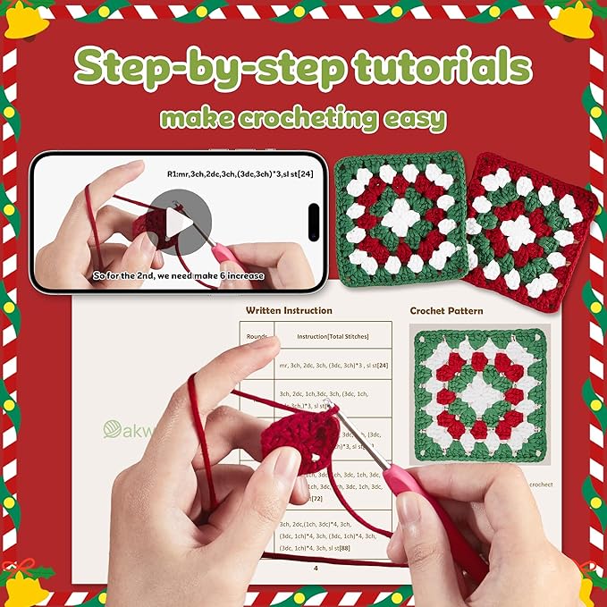 OAKWOOMA Crochet Kit for Beginners, Easy Arts and Crafts Knitting & Crochet Coaster Kit with Step-by-Step Video Tutorials, Crochet Starter Kits for Adults, Teens, Kids (Christmas Granny Square)