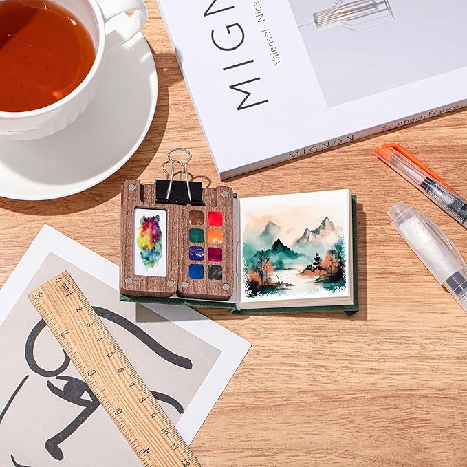 Mini Watercolor Paint Set Portable, Travel Grid Paint Palette Box with Binder Clips Include Paint, Brush*3 and Picture Album Art Materials Coloring Markers (Brown Wood-L)