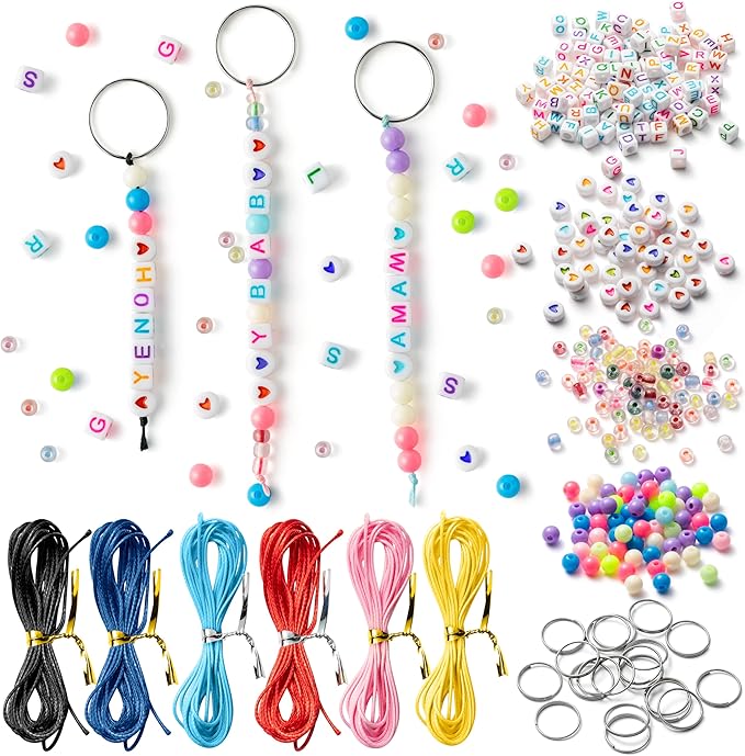 WATINC 286Pcs DIY Keychain Making Craft Kits,Beads for Jewelry Making Set Supplies with Colorful Alphabet Transparent Beads, Bag Charm Bracelets Key Ring Accessories Festival Party Favor for Women Men