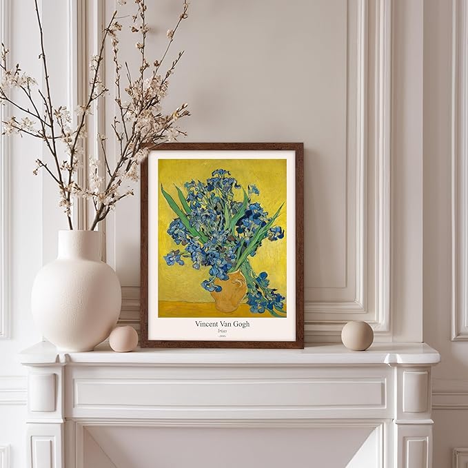Monem Art Vintage Van Gogh Poster - Retro Irises Print - Flowers in Vase Art - Impressionism Art - Floral Art - Fine Art - Classic Painting Art - Living Room Wall Decor - 8x10 Brown Framed