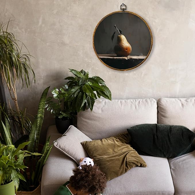 Hiuwevt Vintage Moody Pear Round Wall Art Decor, Dark Cottagecore Pear Framed Canvas Prints, Antique Farmhouse Fruit Round Wall Hanging Decor for Kitchen Dining Room Home Decorations, 10x10 Inches