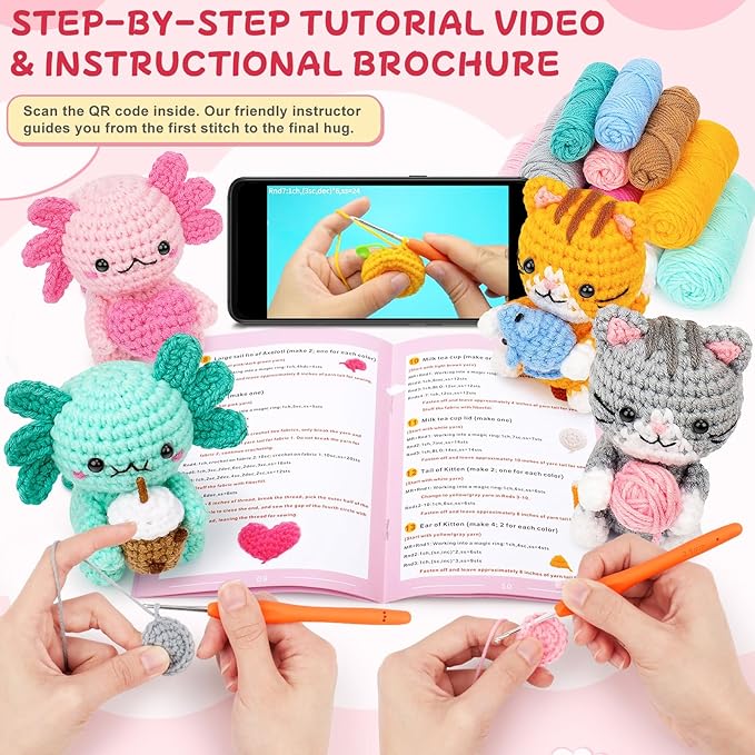 Fortuning's JDS Crochet Kit for Beginners, Axolotls & Cat Crochet Kit for Adults Beginner, Complete Crochet Animals Starter Kit with Step-by-Step Video Tutorials, Easy Knitting Kit Cat Crafts Gifts