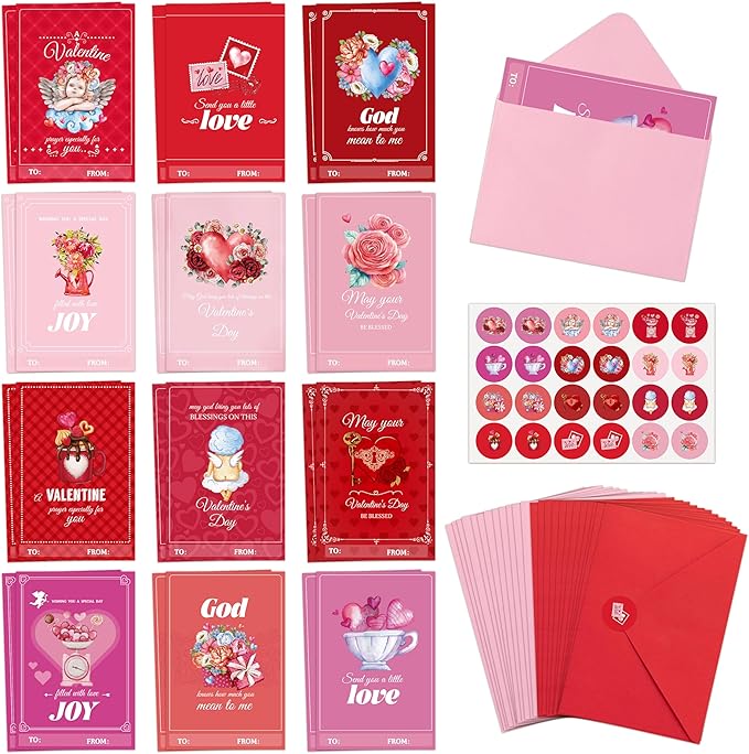 TICIAGA 24 Set Valentine's Day Vintage Blessed Greeting Cards with Envelop Retro Religious Sticker for Kid DIY Flower Heartfelt Notecard Exchange Gifts for Boys and Girls Christian School Party Favors