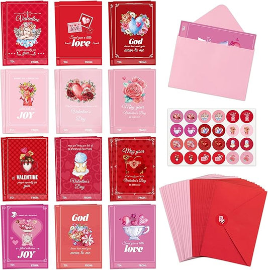 TICIAGA 24 Set Valentine's Day Vintage Blessed Greeting Cards with Envelop Retro Religious Sticker for Kid DIY Flower Heartfelt Notecard Exchange Gifts for Boys and Girls Christian School Party Favors