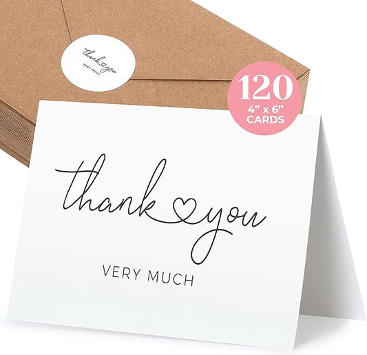 Durabasics 120 Thank You Cards with Envelopes to Express Gratitude – Wedding Thank You Cards with Envelopes & Stickers - For Any Occasion - Bridal Shower, Engagement, Graduation & More, 4" x 6"