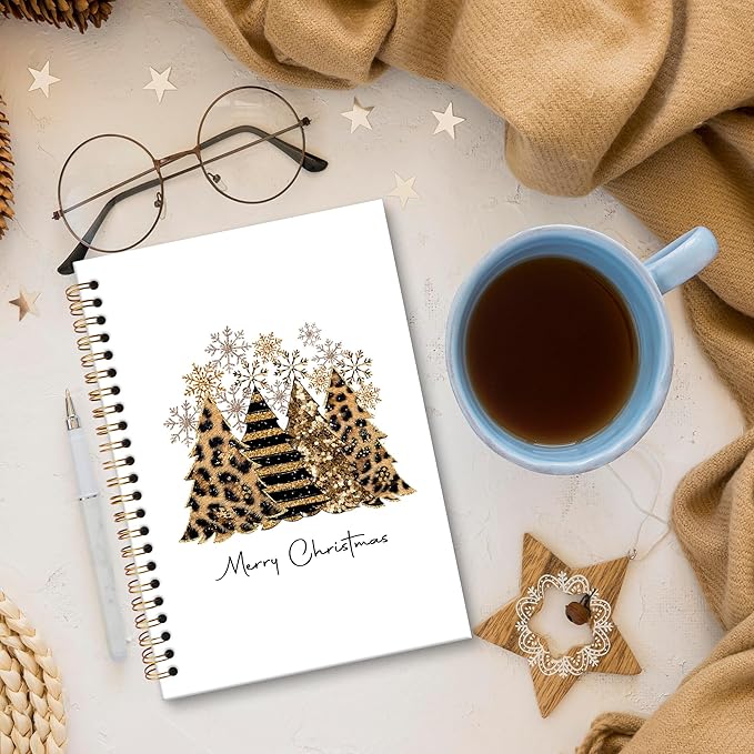 XNXLDYLH Gold Leopard Merry Christmas Tree Notebook Journal, Preppy Trendy Aesthetic Spiral Notebook, Funky Snowflake Journals Notebooks, Christmas Office School Supplies Gifts for Coworker, 5.5x8.3In