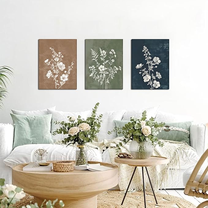 Framed Boho Canvas Wall Art Set of 3, Minimalist Botanical Picture Wall Decor Painting, Vintage Floral Rustic Farmhouse Posters Prints for Living Room Bedroom Bathroom Home Decor 12x16In