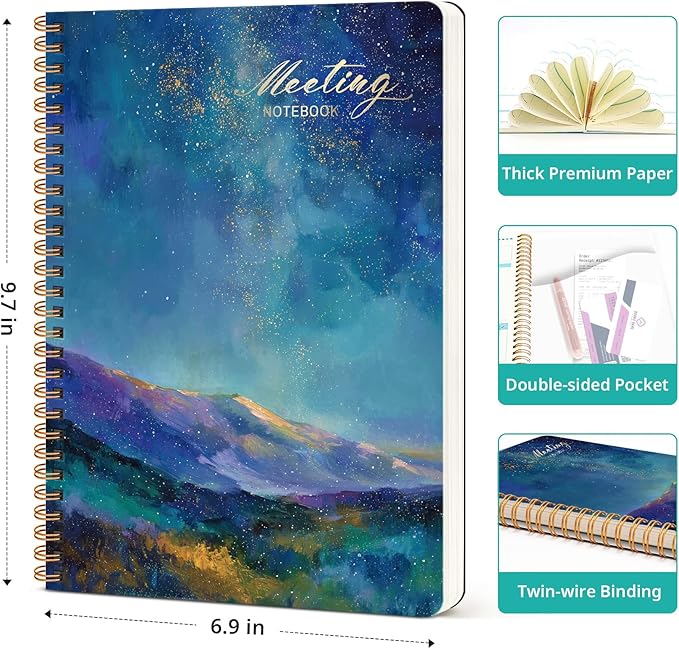 Meeting Notebook for Work Organization, Aesthetic Meeting Minutes Notebook for Work, Event Project Agenda Planner Organizer, Perfect for Office School Business Supplies, 6.9" X 9.7" - Starlit Peaks