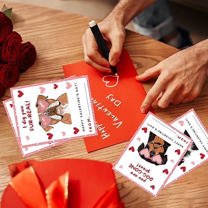 Valentine’s Day Cards for Kids Classroom, 48 Pcs Cute Dog Valentines Exchange Set with Envelopes Heart Stickers, Puppy Valentine Cards for Boys girls School Party Favors Gift Exchange