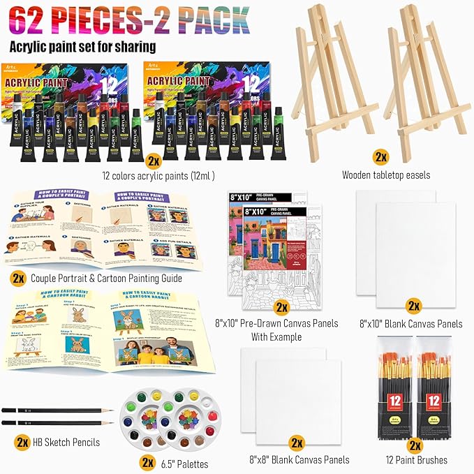 2 Pack Painting Set for Adults or Family Groups, 62 PCS Paint Sets with 2 Table Easels,24 Acrylic Paints,6 Pre-Drawn & Blank Canvases for Painting,24 Brushes,2 Pencils,2 Palettes and Painting Guides