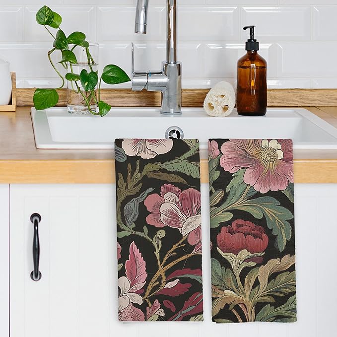Vintage Boho Floral Kitchen Dish Towels Set of 2, Retro Wildflower Mid Century Botanical Cottagecore Dark Academia Hand Towels Kitchen Bathroom Farmhouse Tea Towels Decorations, 16x24inch