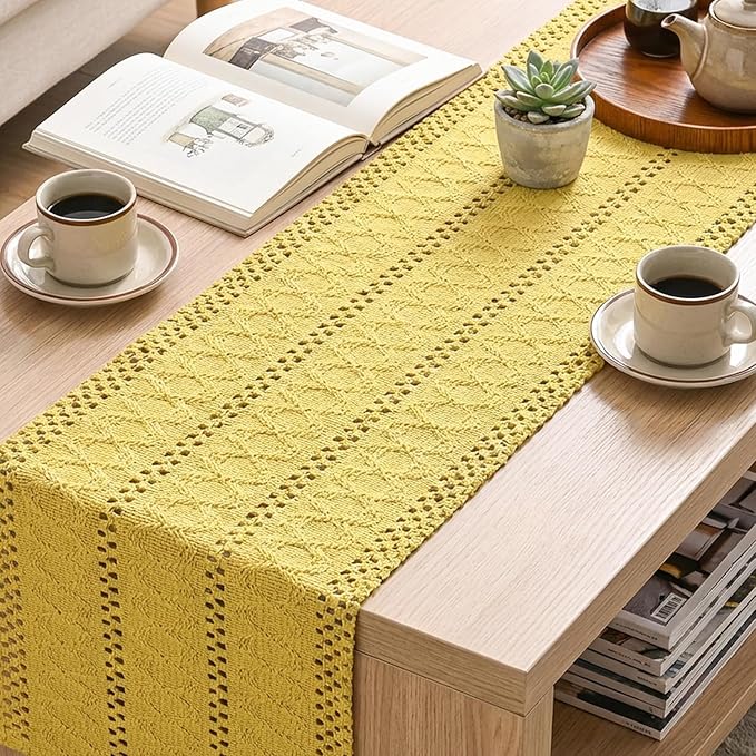 Artoid Mode Yellow Farmhouse Woven Rustic Hollow Table Runner, Seasonal Holiday Hollow Kitchen Dining Table Decoration for Home Party Decor 12x60 Inch