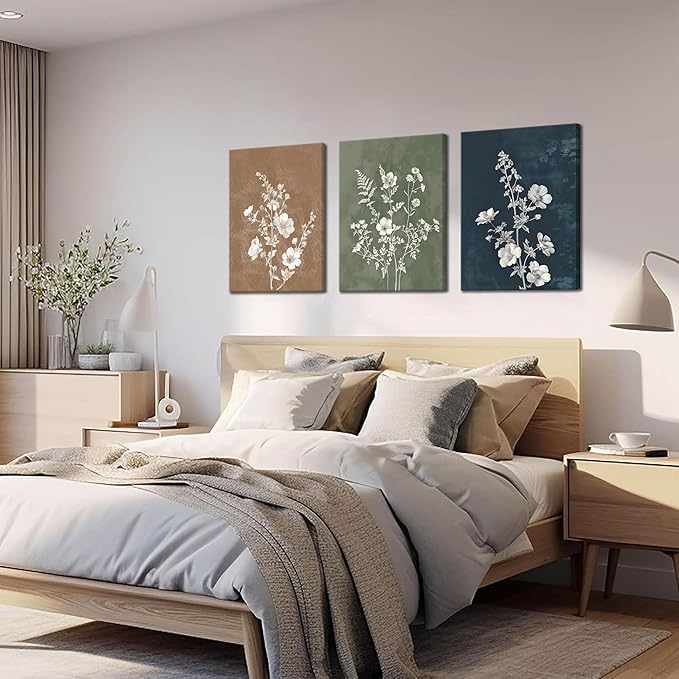 Framed Boho Canvas Wall Art Set of 3, Minimalist Botanical Picture Wall Decor Painting, Vintage Floral Rustic Farmhouse Posters Prints for Living Room Bedroom Bathroom Home Decor 12x16In