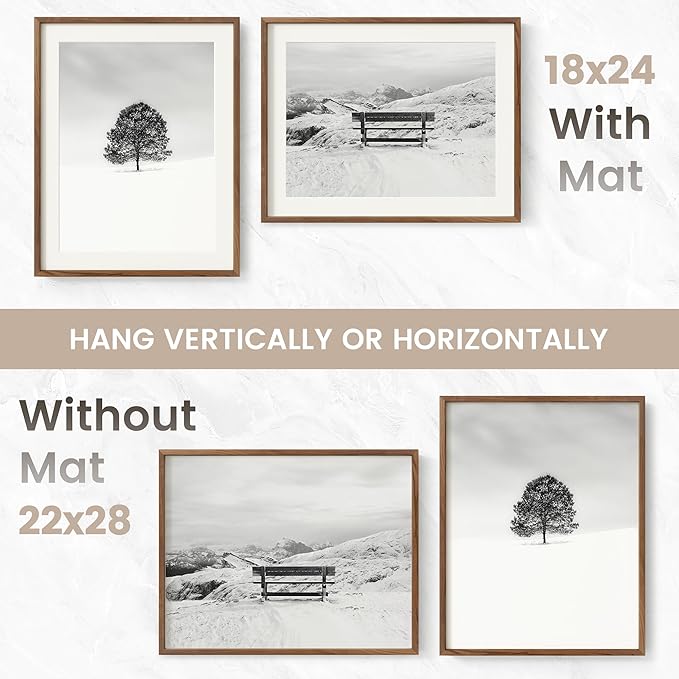 22x28 Poster Frame, USA-Sourced Natural Walnut Wood Picture Collage Frame with HD Tempered Glass, Modern Simple 22 x 28 Wooden Photo Frame Matted to 18x24, Vertical & Horizontal Wall Hanging Display