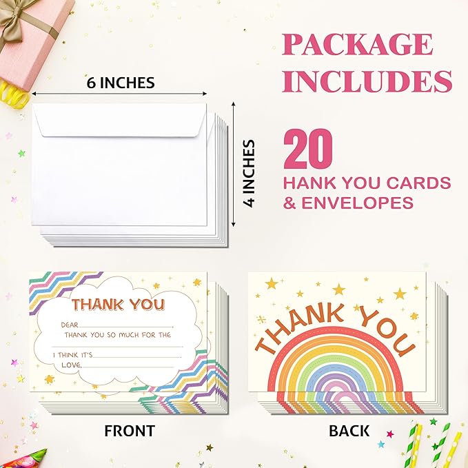 Boho Kids Thank You Cards, Boho Rainbow Thank You Card For Baby Shower Birthday Party, Kids Birthday Cards Fill In The Blank, 20 Pack Cute Greeting Cards With Envelopes For Boys And Girls, 001