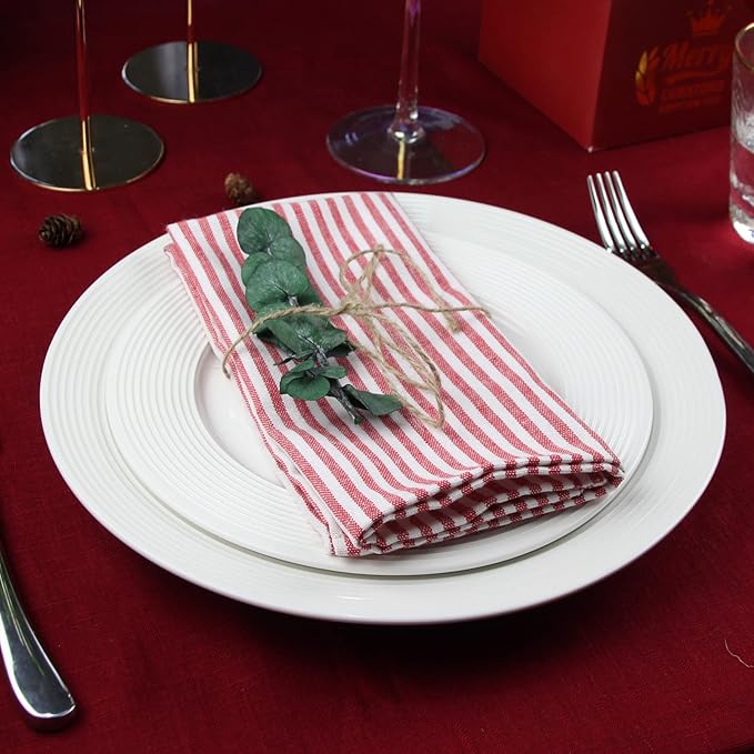 Plain Striped Cotton Linen Blended Dinner Cloth Napkins - Set of 12 (40 x 30 cm) - for Events & Home Use (Red)