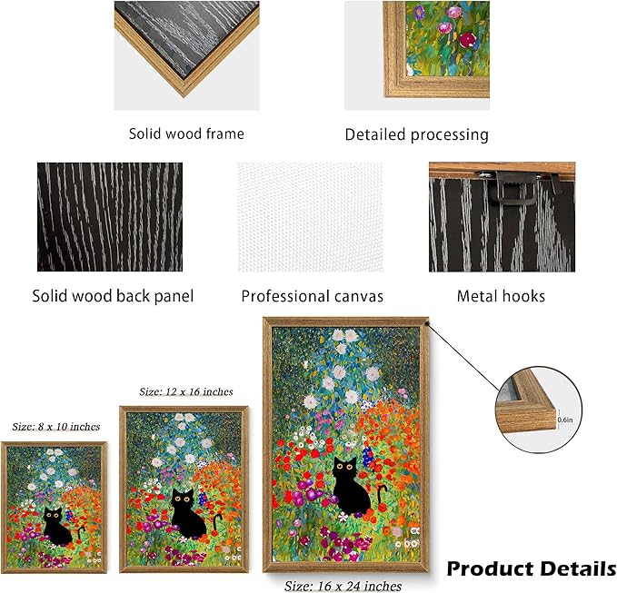 Fantasy Artists Gustav Klimt Canvas Wall Art, Framed Aesthetic Cat Floral Wall Decor, Garden Flower Black Cat Poster Paintings for Living Room Bedroom Bathroon, Dorm Home Decorations, 8" X 10"