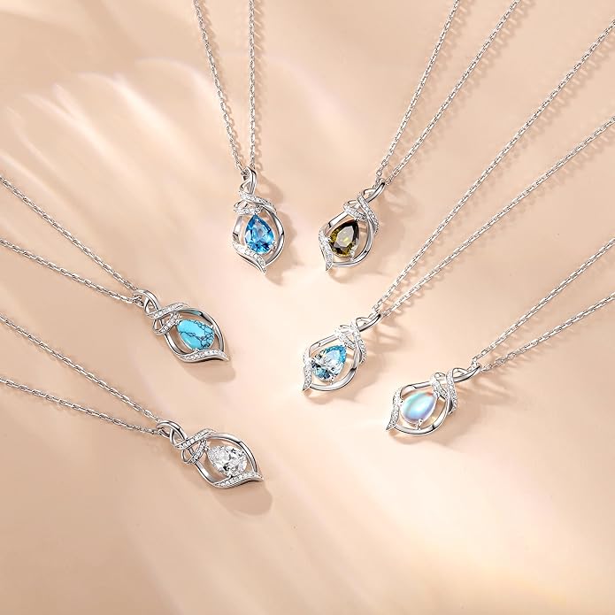 FANCIME Teardrop Gemstone Necklace for Women S925 Sterling Silver Elegant Ribbon Pendent Birthday Gifts for Her, 16"+2" Inches