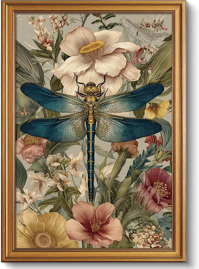okudolit Gold Framed Dragonfly Canvas Wall Art Print Blue Insect Botanical Floral Painting Vintage Flower Picture Artwork Rustic Retro Nature Decor for Living Room Bedroom Office Home Decor 16x24in