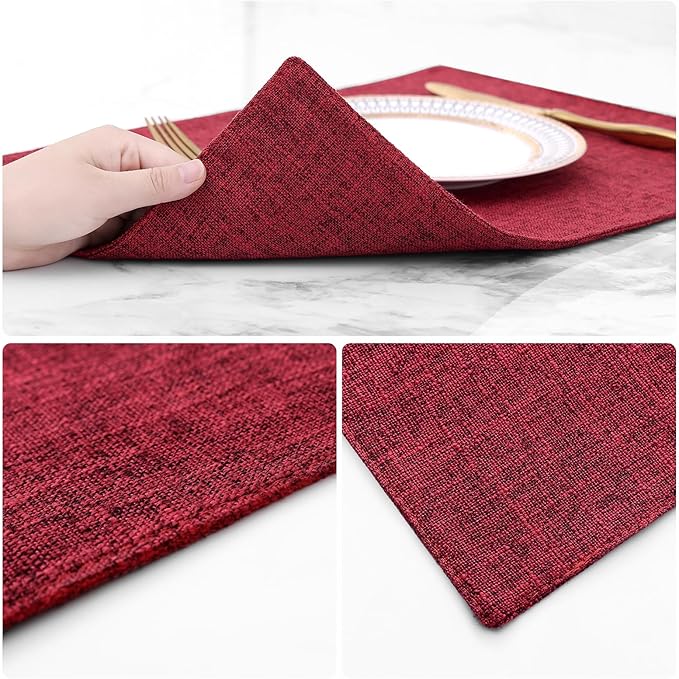 homing Cotton Linen Placemats Set of 8, Cloth Washable Farmhouse Dining Table Mats for Indoors & Outdoors, Easy to Clean, Red, 13 x 19 Inch