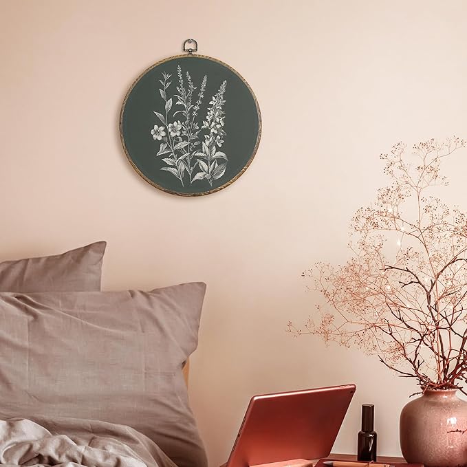 FUGWN Vintage Floral Botanical Round Wall Art Decor Framed, Rustic Cottagecore Wildflower Canvas Artwork Prints, Retro Floral Wall Hanging Decorations for Home Bedroom Living Room, 10x10 Inch