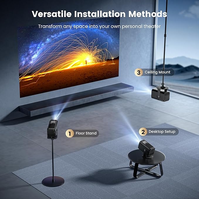 Mini 4K Projector with Wifi and Bluetooth, 1080P Full HD Smart Outdoor Portable Movie Small Projector with 270°Rotatable Stand, Android 13 OS, Auto Keystone, Support Big Screen for Home Bedroom
