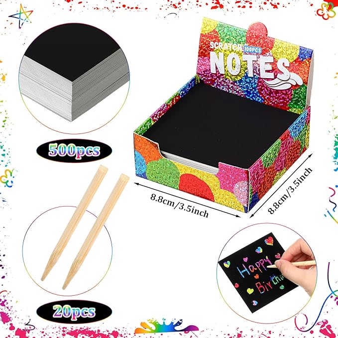 Lenwen 500 Pack Scratch Cards Rainbow Note Scratch Pads with 20 Bamboo Stylus for People Paper DIY Paper Craft Kits Birthday Party Favors Supplies(Rainbow Holographic,500)
