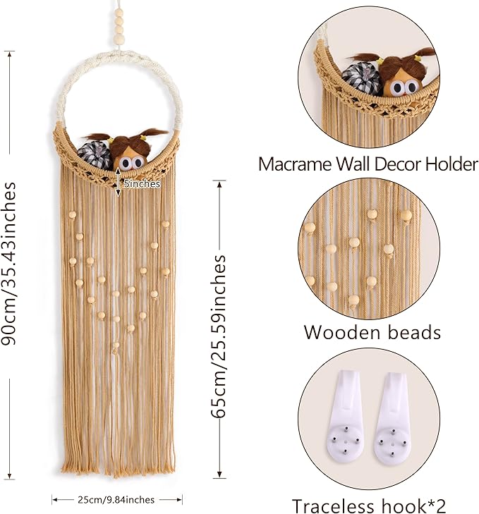 LB Brown Macrame Wall Hanging Holder, Bohemian Macrame Wall Art for Bedroom,Boho Handmade Woven Hanging Plant Shelf Toy Displays Organizer for Living Room Nursery Office 9.84" W x 35.43" L