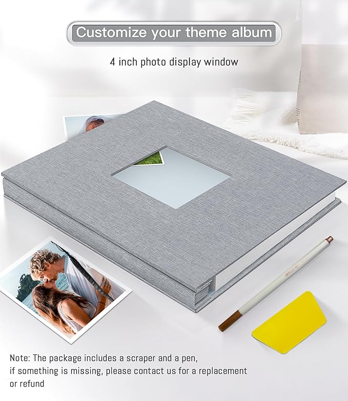 Popotop Photo Album Self Adhesive with Picture Display Window,40 Pages DIY Baby Memory Book for 4x6 8x10 Picture,Linen Cover Scrapbooking Supplies Kit for Wedding,with Scraper and Metallic Pen
