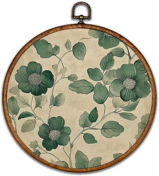 KSDUT Spring Green Floral Botanical Wall Decor Art - Flower Wall Art Canvas Frame Hanging Prints, Preppy Trendy Wildflower Round Wall Art Decor for Farmhouse Gallery Home Decorations 10"x10"