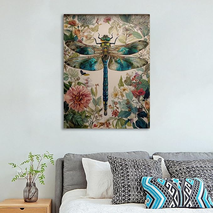 GDSRGXC Vintage Botanical Dragonfly Canvas Wall Art, Turquoise and Gold Insect Print with Floral Background, Nature Home Decor (12''x16'')