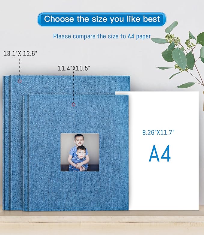 popotop Photo Album Self Adhesive with Picture Display Window,60 Pages DIY Scrapbooking Supplies Kit for 4x6 10x12 Picture,Linen Cover Memory Book for Baby Wedding, with Scraper and Metallic Pen