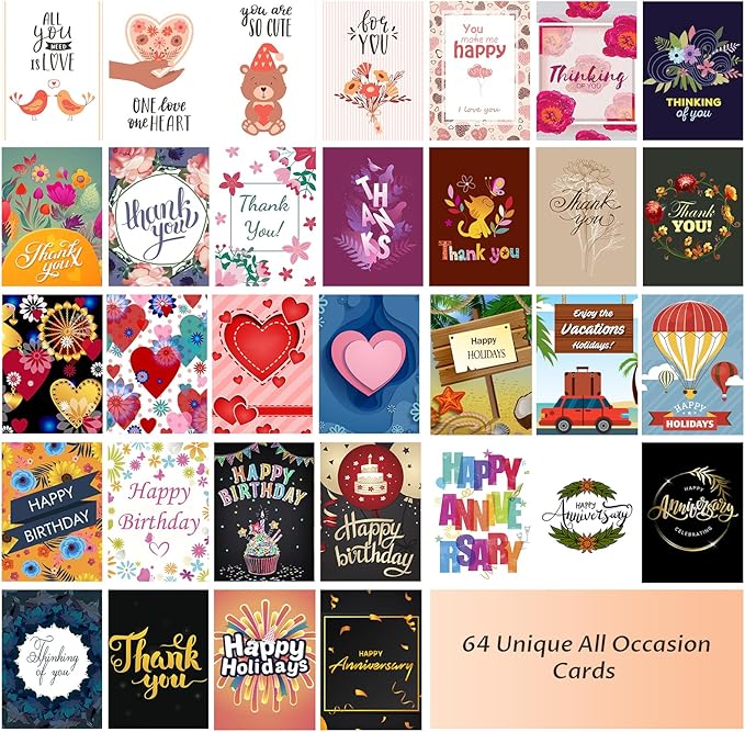 64 Pack All Occasion Cards Assortment Box with Envelopes & Stickers, 4×6 Inch Assorted Blank Greeting Cards for Birthday, Holiday, Love, Anniversary, Thinking of You, Thank You Cards