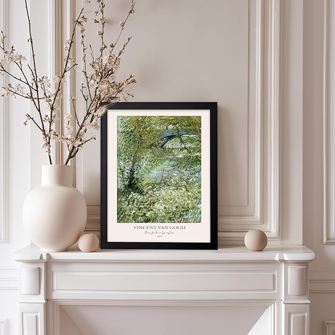Monem Art Vintage Van Gogh Poster - Retro Impressionist Print - River Bank in Springtime, Flowers, Landscape - Gift for Artist, Friend - Wall Decor for Home, Office, 8x10 Black Framed