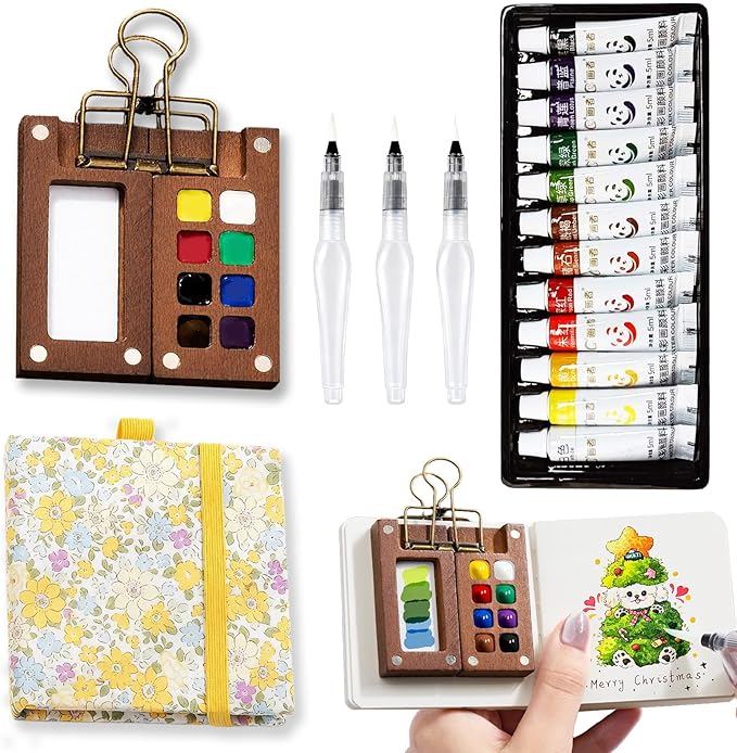 Mini Portable Watercolor Palette Set-Grid Paint Box with Binder Clips Include 12 Colors Paint - Brush*3 and Picture Album Art Materials Coloring Markers (Yellow Wood-S)