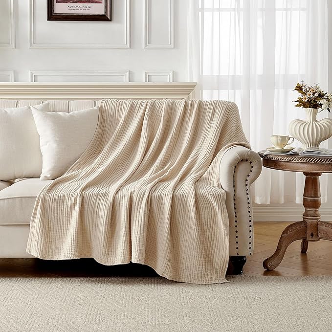 Joydeco 100% Cotton Muslin Throw Blanket for Couch Bed and Sofa, 4-Layer Lightweight and Breathable Soft Gauze Blanket for All Season, Luxury Throws Cotton Blanket Gift(Light Tan, 90"x90")