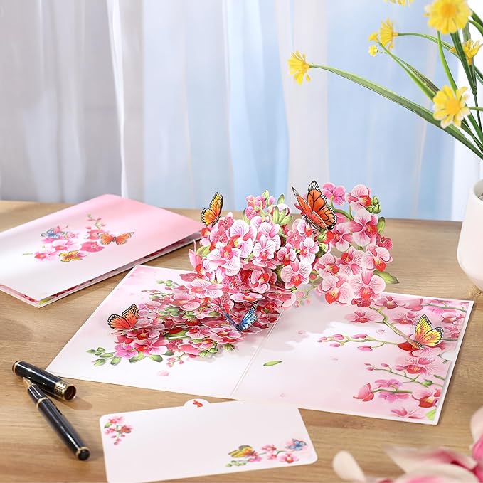 Orchids Flower Pop Up Birthday Card for Women, Wife; 3D Butterfly on Orchid Gift Card for Mother's Day, Thinking of You, Valentines, Thank You, All Occasion for Her, Mom, Sister, Grandma, Daughter