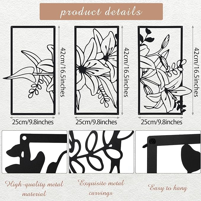 Therwen 3 Pcs Black Metal Wall Art Minimalist Wall Decor for Bedroom Flowers Decor Hanging Flower Bathroom Art Flower Line Sculpture Kitchen Decoration 16.5 x 9.8 Inch(Classic Style)